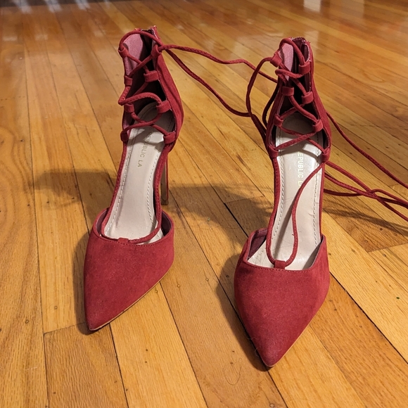 Lulu's wine vegan suede wrap up heels. - Picture 5 of 9